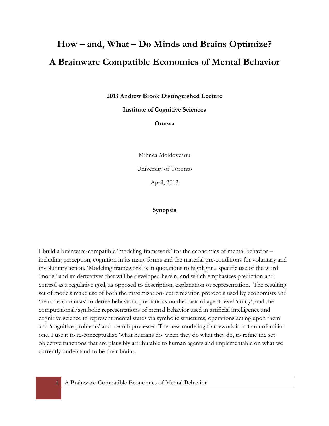 How- and, What- Do Minds and Brains Optimize - A Brainwave Compatible Economics of Mental Behavior (Paper)