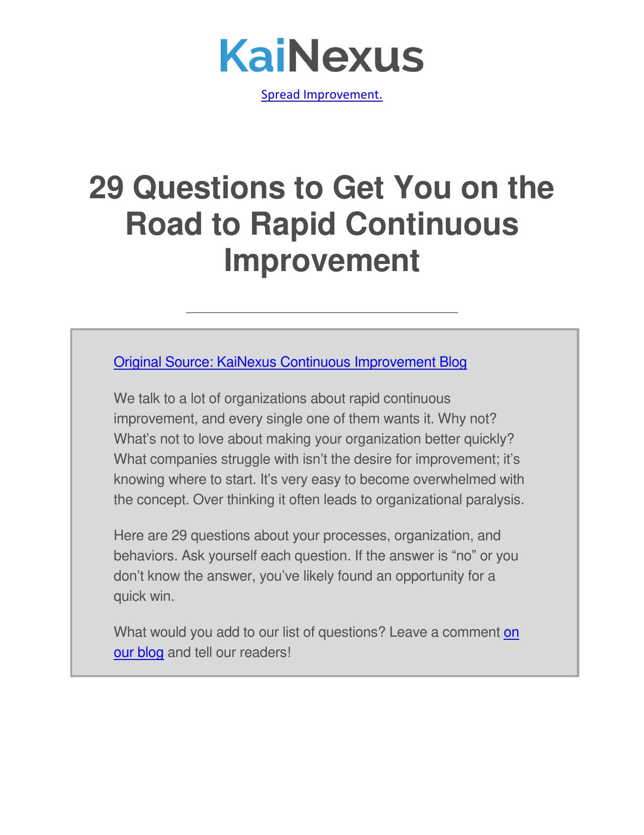 29 Questions to Get You on the Road to Rapid Continuous Improvement